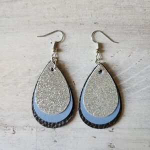 Faux Leather Silver and Blue Teardrop Earrings